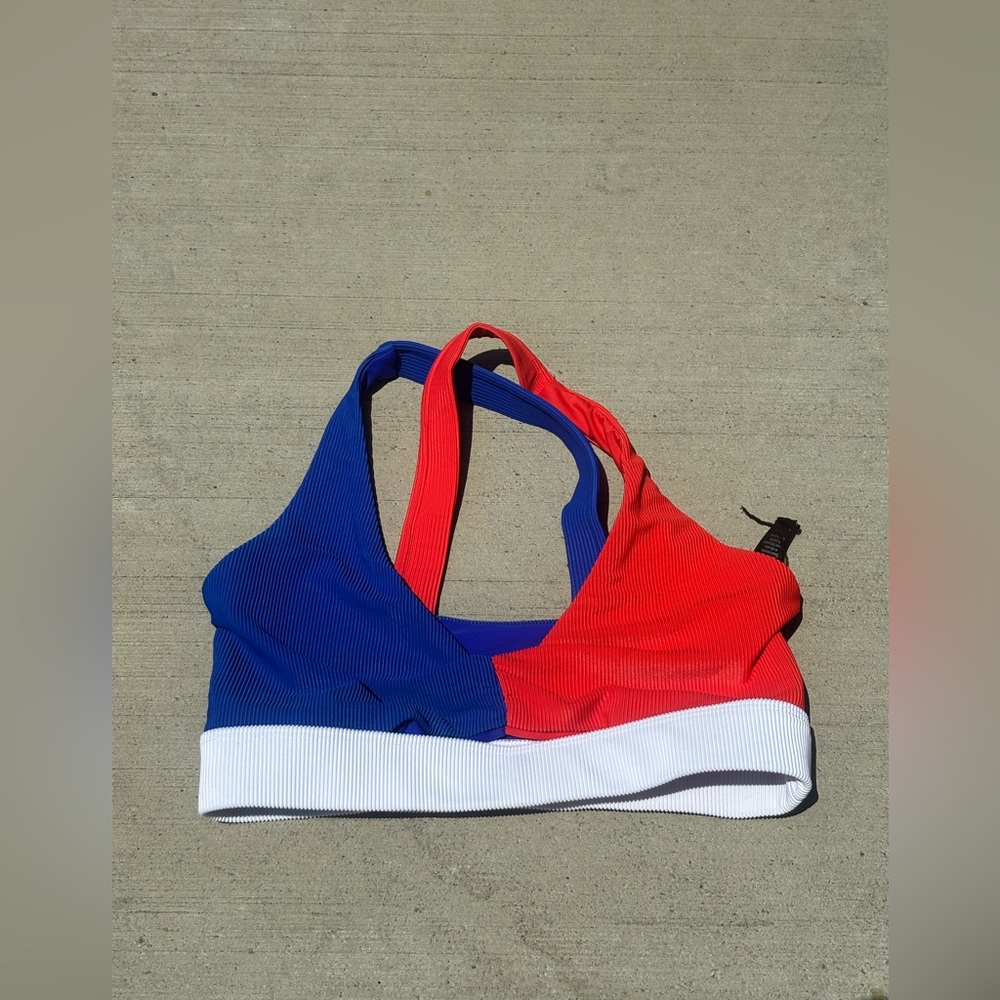 Colorblock Red & Blue Sports Bralette with White Band